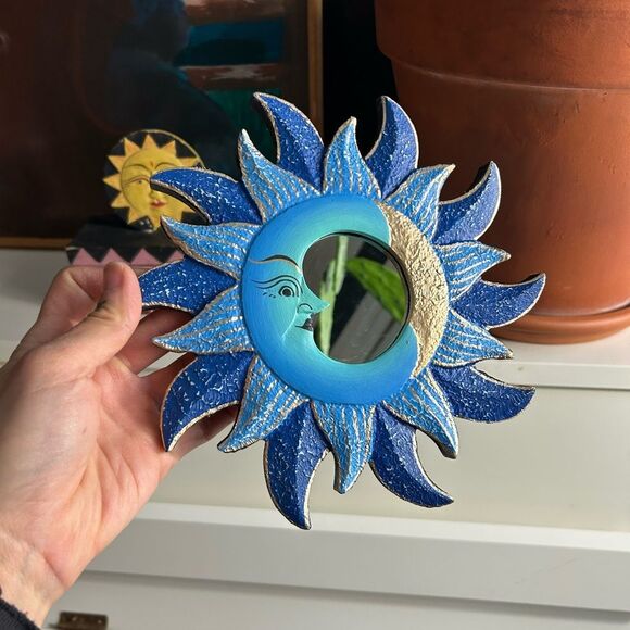 Vintage 8.5" Handpainted Blue and Gold Celestial Wall Mirror Whimsygoth - Picture 9 of 11